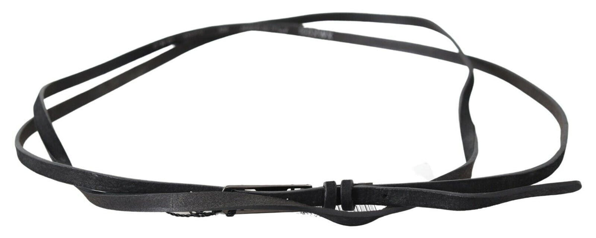 Costume National Black Leather Skinny Logo Buckle Belt