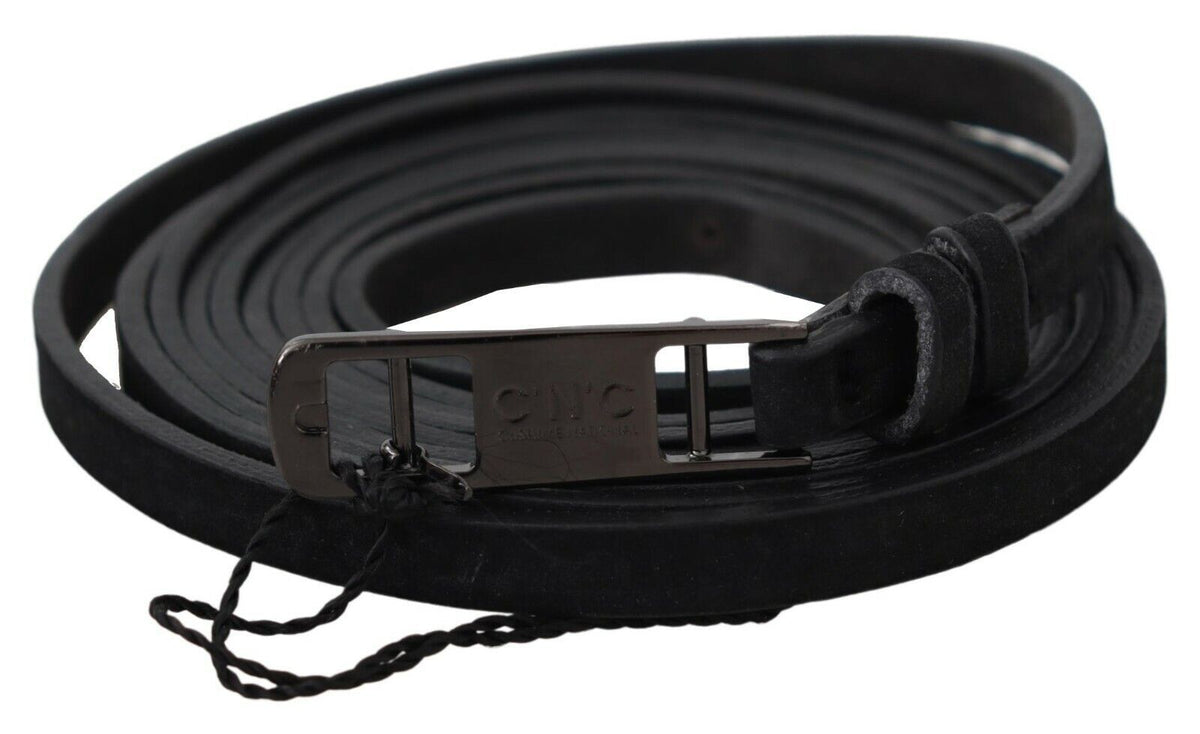 Costume National Black Leather Skinny Logo Buckle Belt