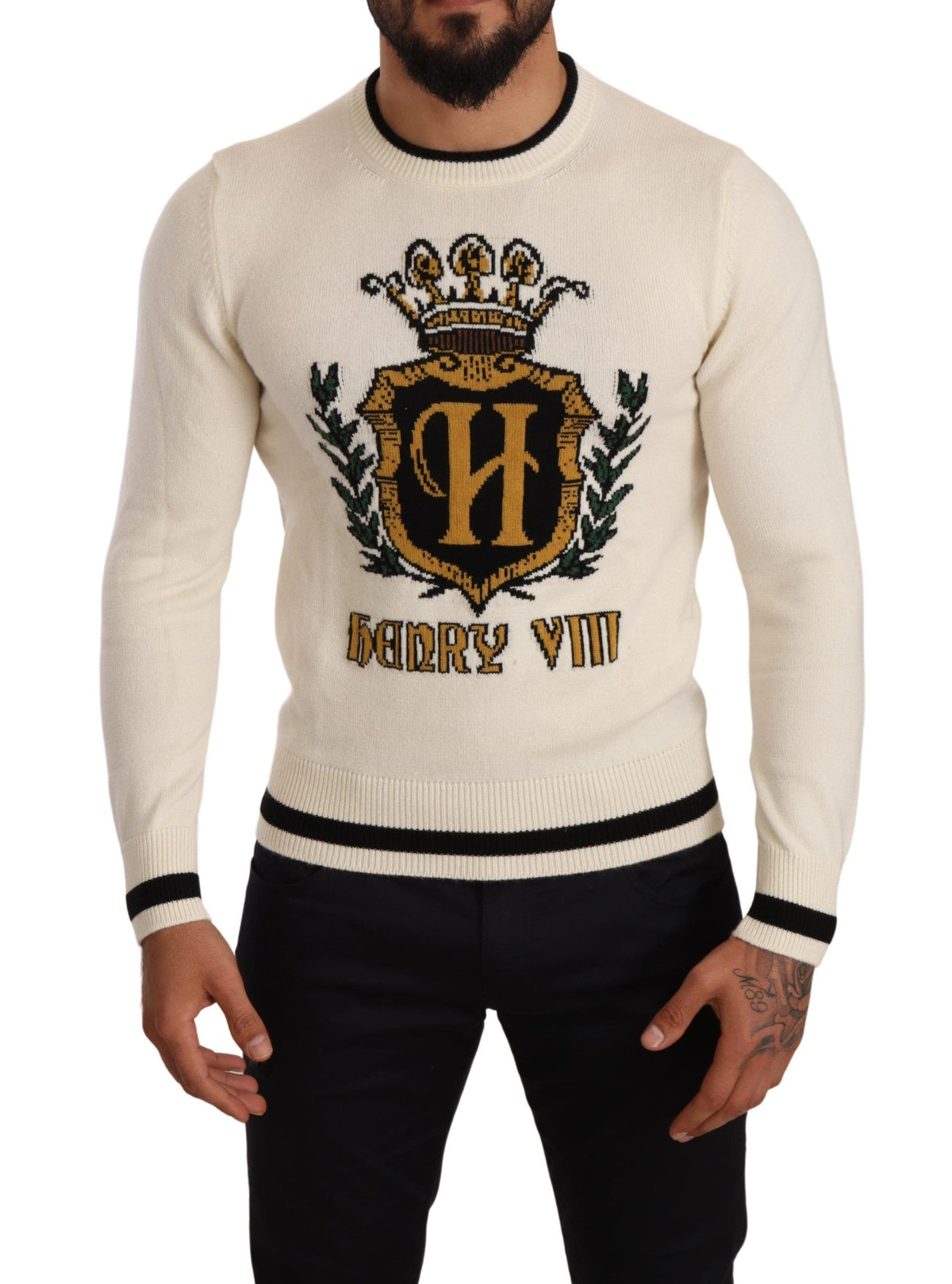 Dolce & Gabbana White Heraldic Cashmere Pullover Sweater