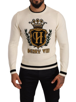 Dolce & Gabbana White Heraldic Cashmere Pullover Sweater