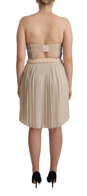 Guess Beige Checkered Pleated A-line Strapless Bustier Dress