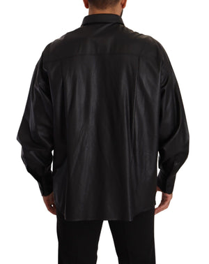 Dolce & Gabbana Black Leather Button Down Men Collared Jacket