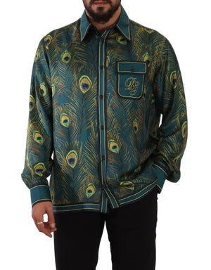Dolce & Gabbana Peacock Feather Print Silk Pajama Mens Shirt