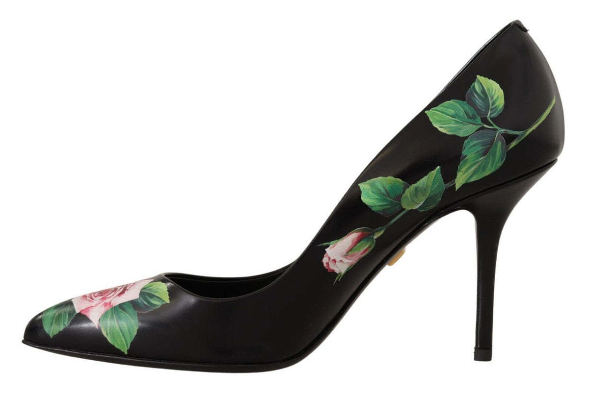 Dolce & Gabbana Black Leather Roses High Heels Pumps Shoes