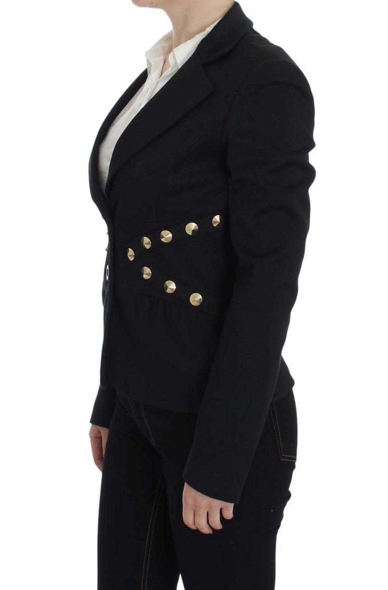 Exte Black Cotton Stretch Gold Studded Blazer Jacket