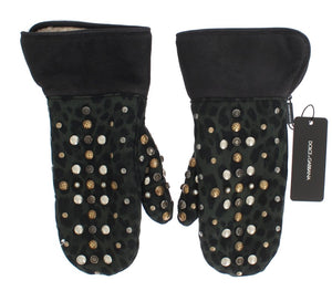 Dolce & Gabbana Gray Wool Shearling Studded Green Leopard Gloves
