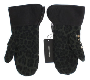 Dolce & Gabbana Gray Wool Shearling Studded Green Leopard Gloves