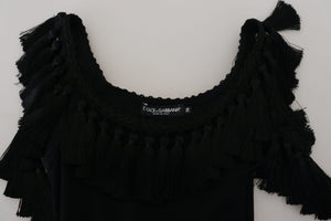 Dolce & Gabbana Black Tank Top Blouse Tassle Cotton Blouse