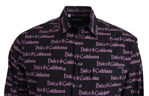 Dolce & Gabbana Black Purple Logo Slim Dress Formal Shirt