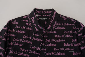 Dolce & Gabbana Black Purple Logo Slim Dress Formal Shirt