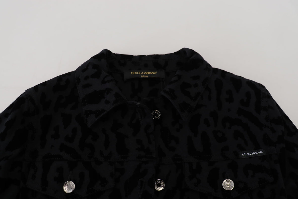 Dolce & Gabbana Black Leopard Long Sleeve Denim Cotton Jacket