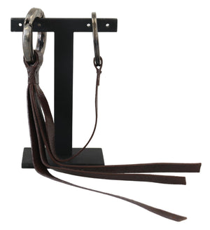 Costume National Brown Leather Silver Tone Metal Keyring Keychain