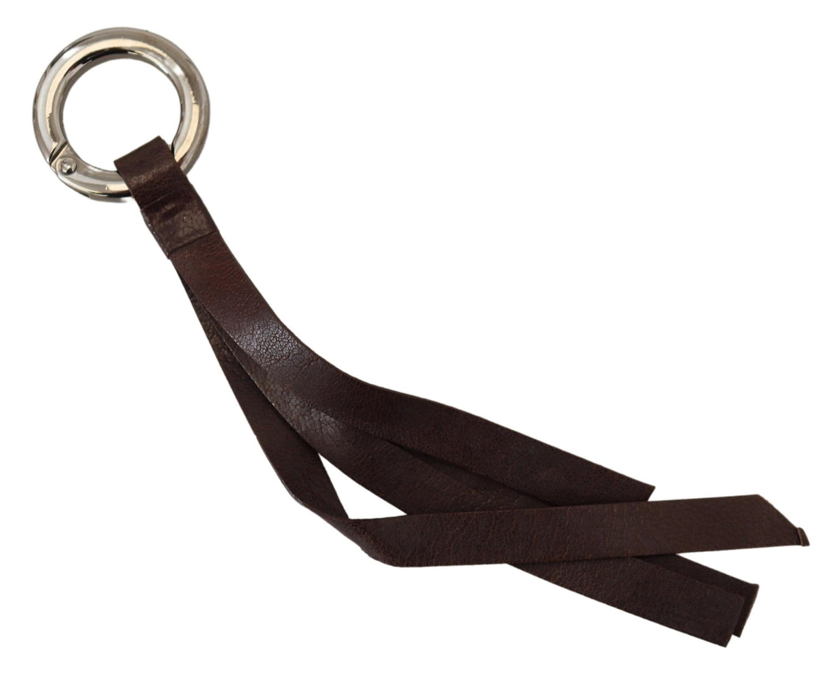 Costume National Brown Leather Silver Tone Metal Keyring Keychain