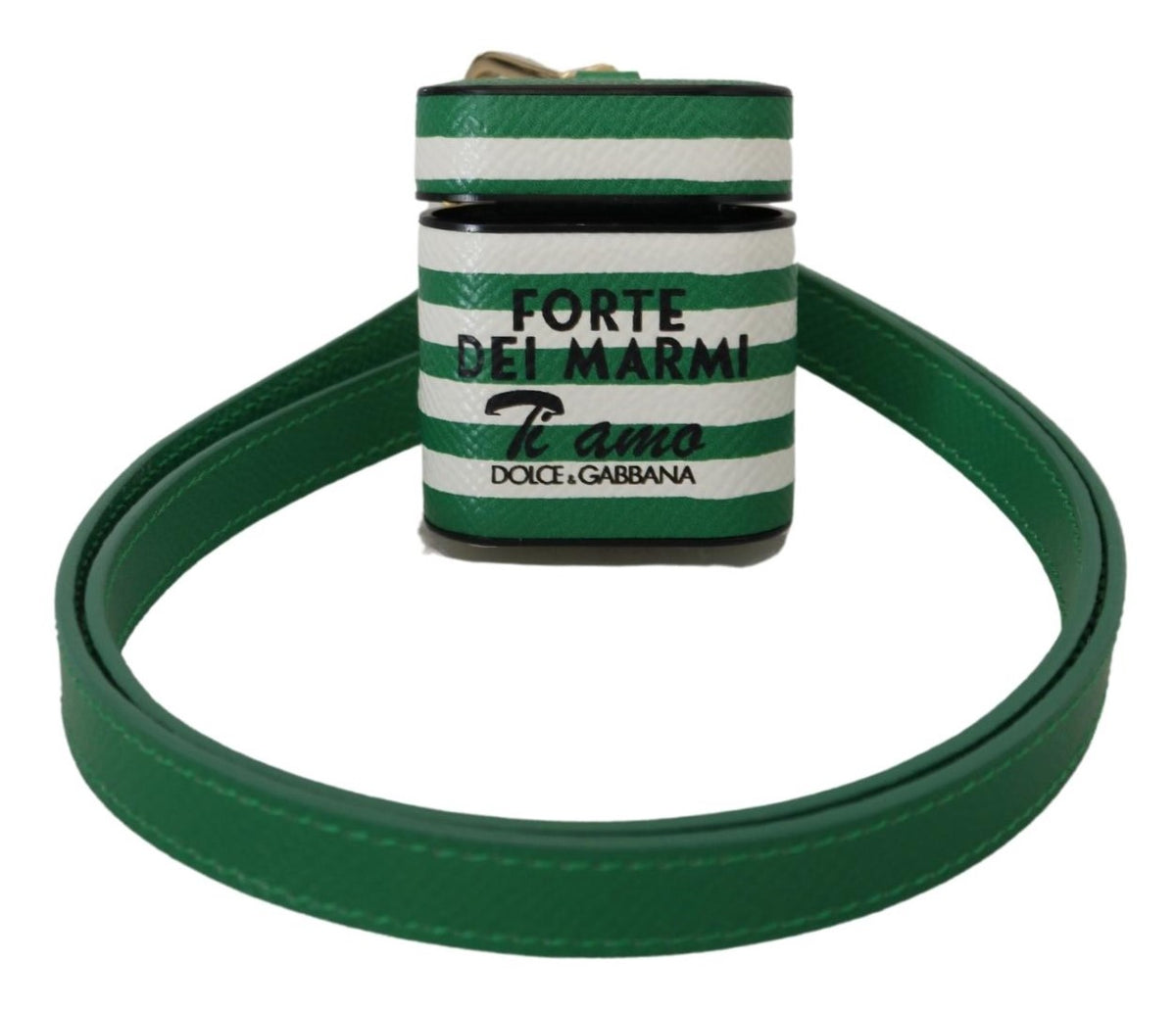 Dolce & Gabbana Green Leather Strap Gold Metal Logo Airpods Case