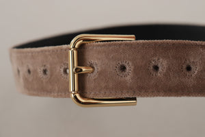 Dolce & Gabbana Light Brown Velvet Gold Tone Logo Metal Buckle Belt