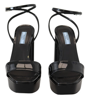 Prada Black Patent Sandals Ankle Strap Heels Leather