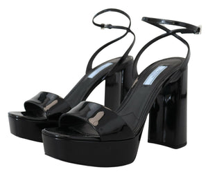 Prada Black Patent Sandals Ankle Strap Heels Leather