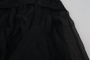 Dolce & Gabbana Black Silk Lace Trim High Waist Midi Skirt