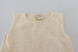 PINK MEMORIES Beige Cotton Blend Sleeveless Round Neck Tank Top