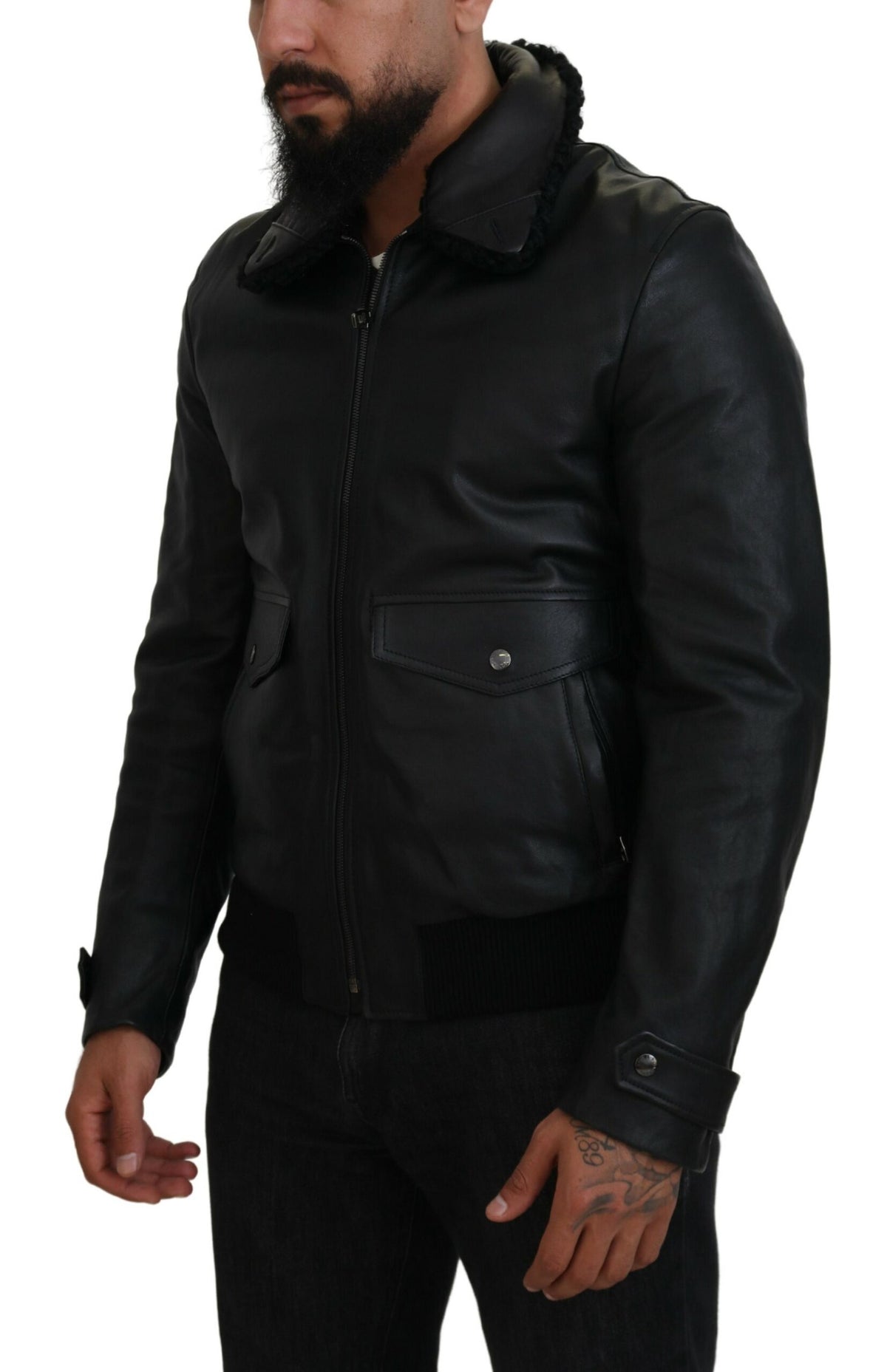 Dolce & Gabbana Black Lamb Leather Collared Men Coat Jacket