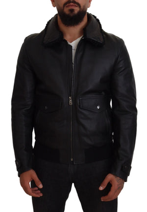Dolce & Gabbana Black Lamb Leather Collared Men Coat Jacket