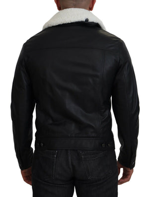 Dolce & Gabbana Black Lamb Leather Collared Men Coat Jacket
