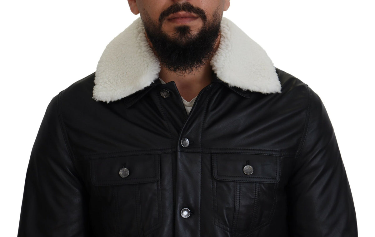 Dolce & Gabbana Black Lamb Leather Collared Men Coat Jacket