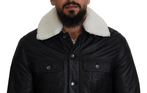 Dolce & Gabbana Black Lamb Leather Collared Men Coat Jacket