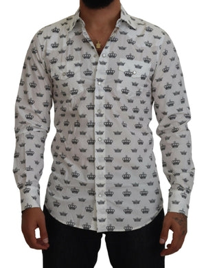 Dolce & Gabbana White Crown Print Slim Fit Cotton Shirt