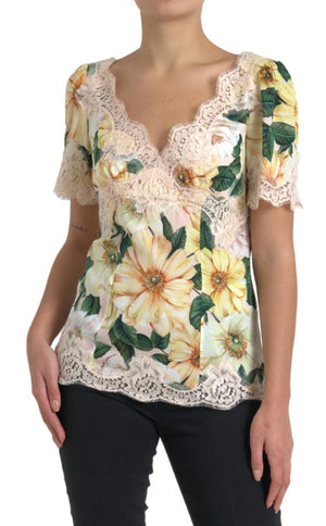 Dolce & Gabbana Multicolor Floral Lace V Neck Blouse