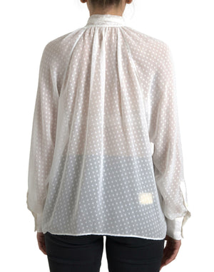 Dolce & Gabbana White Silk Sheer Tied Neck Polka Dots Blouse