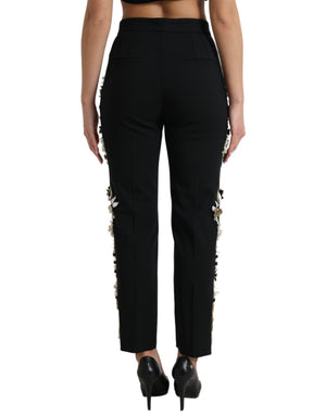Dolce & Gabbana Black Floral Applique High Waist Tapered Pants
