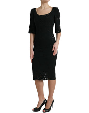 Dolce & Gabbana Black Floral Lace Viscose Bodycon Midi Dress
