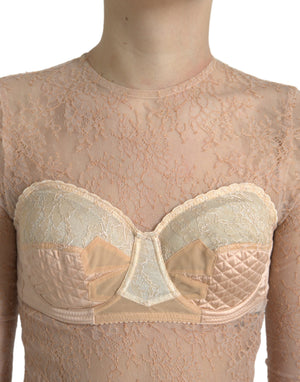 Dolce & Gabbana Beige Nylon Floral Lace Bustier Cropped Top