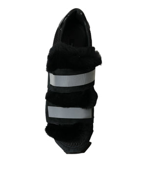 Dolce & Gabbana Black Fur Embellished Suede Sneakers Shoes