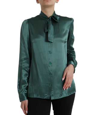 Dolce & Gabbana Dark Green Silk Ascot Collar Blouse Top