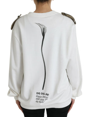 Dolce & Gabbana White Floral Cotton Crew Neck Pullover Sweater