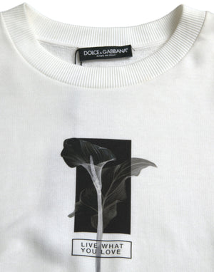 Dolce & Gabbana White Floral Cotton Crew Neck Pullover Sweater
