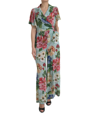 Dolce & Gabbana Blue Floral Wide Leg Wrap Jumpsuit Dress