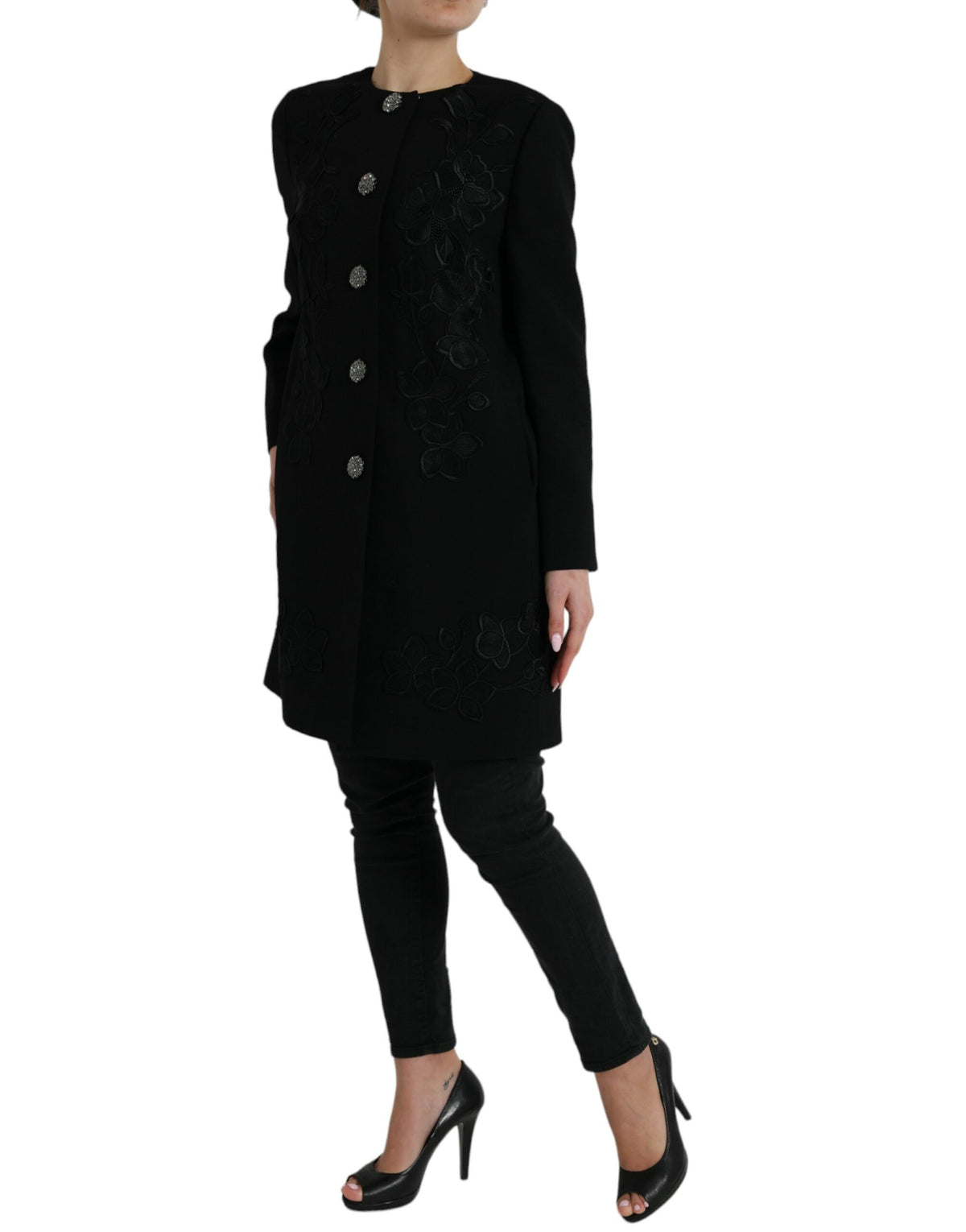 Dolce & Gabbana Black Floral Wool Button Embellished Jacket