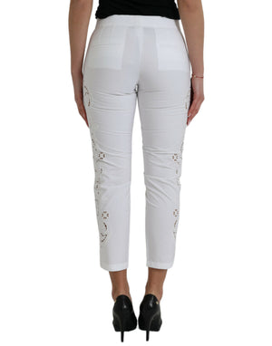Dolce & Gabbana White Cut Out Cotton Mid Waist Cropped Pants