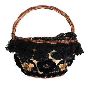 Dolce & Gabbana Beige Straw Snakeskin Pom Pom Crystal AGNESE Bag