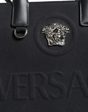 Versace Black Top Handle Canvas Leather Logo Crossbody Tote Bag