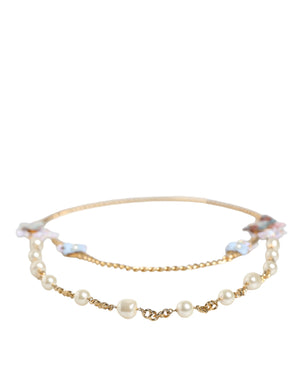 Dolce & Gabbana Gold Chain Brass Floral Layered Crystal Pearl Necklace