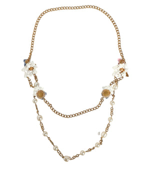 Dolce & Gabbana Gold Chain Brass Floral Layered Crystal Pearl Necklace