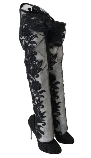 Dolce & Gabbana Black Floral Embroidered Socks Boots