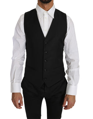 Dolce & Gabbana Black Solid Wool Silk Waistcoat Vest
