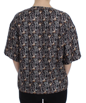 Dolce & Gabbana Gray Gold Key Print Silk Blouse T-shirt