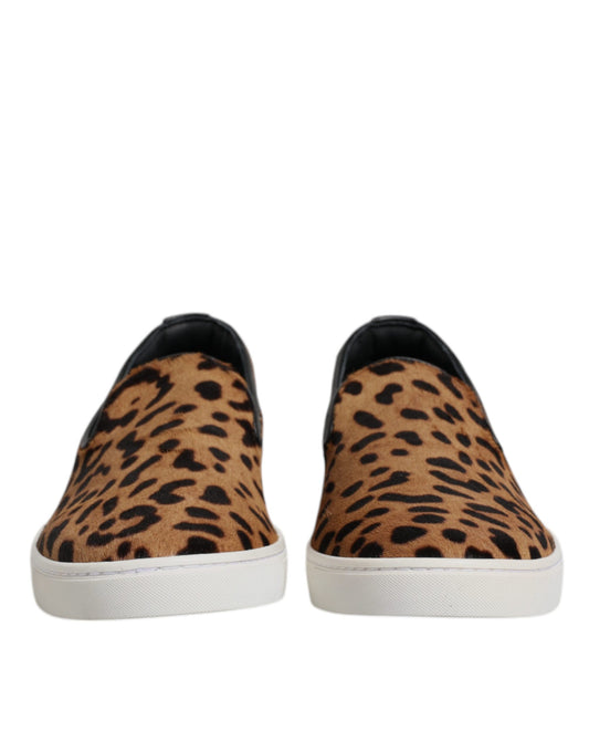 Dolce & Gabbana Brown Calfskin Fur Leopard Sneakers Shoes