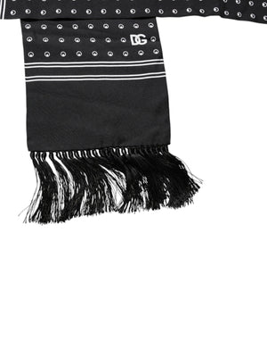 Dolce & Gabbana Black White Polka Dotted Silk Skinny Fringes Scarf